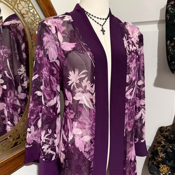 NWT R&M Collection Dark Purple & Silver Shimmery Sheer Floral Kimono Cardigan 16 - Picture 2 of 8